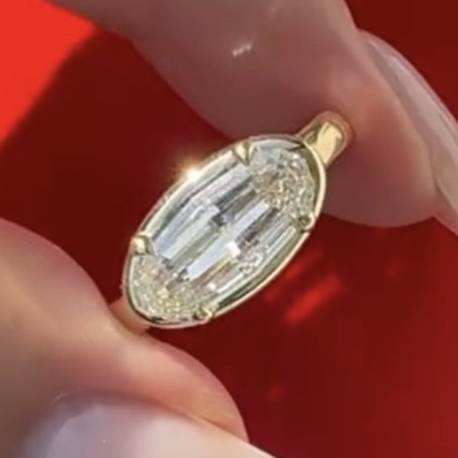 Moval Cut Lab Grown Engagement Ring East West Gold Bezel Set Ring