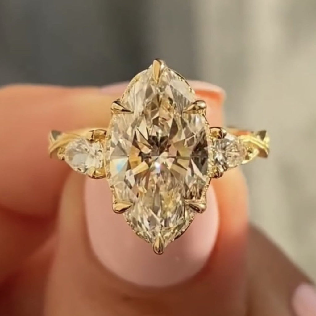 Marquise Lab Three Stone Lab Grown Engagement Ring Vintage Inspired Wedding Ring