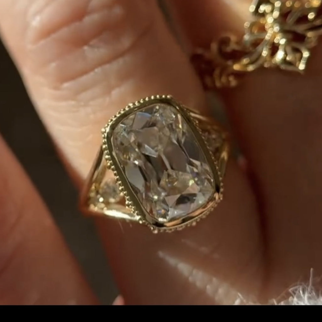 Old Mine Elongated Cushion Lab Grown Engagement Ring Bezel Set Vintage Inspired Ring