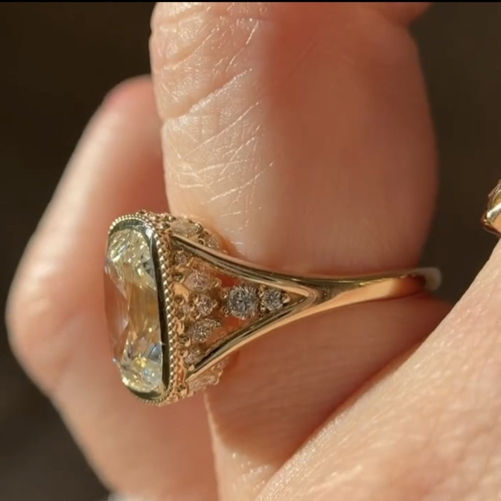Old Mine Elongated Cushion Lab Grown Engagement Ring Bezel Set Vintage Inspired Ring