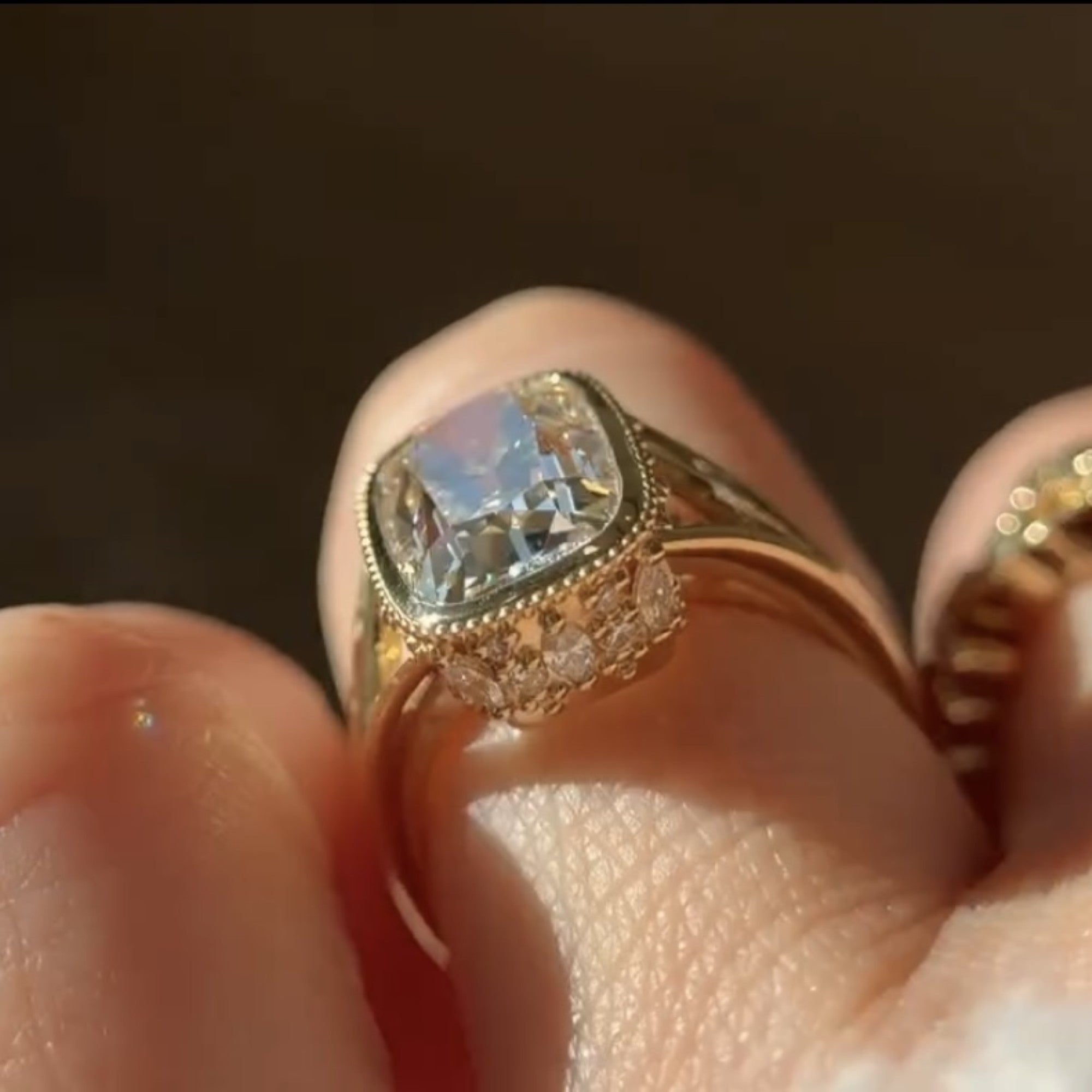 Old Mine Elongated Cushion Lab Grown Engagement Ring Bezel Set Vintage Inspired Ring