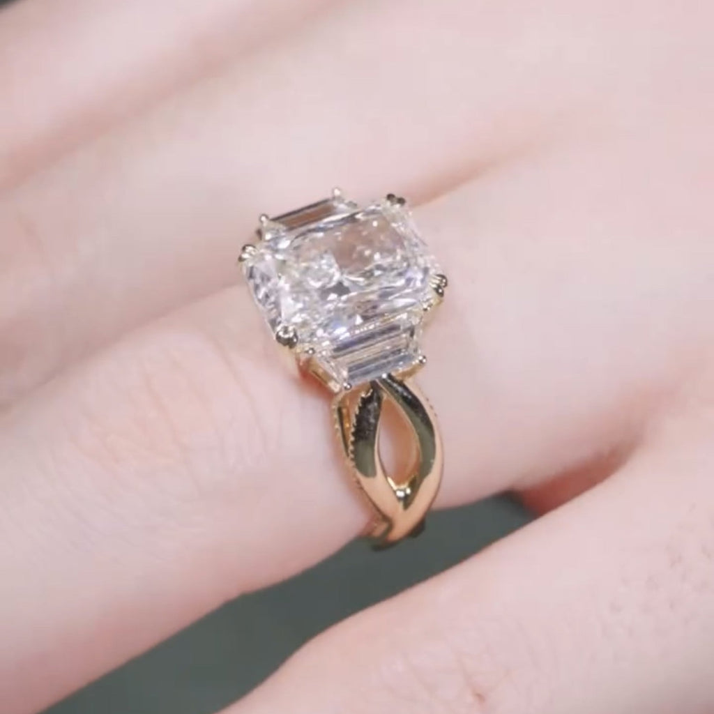 Radiant Moissanite Engagement Ring Three Stone Gold Wedding Ring