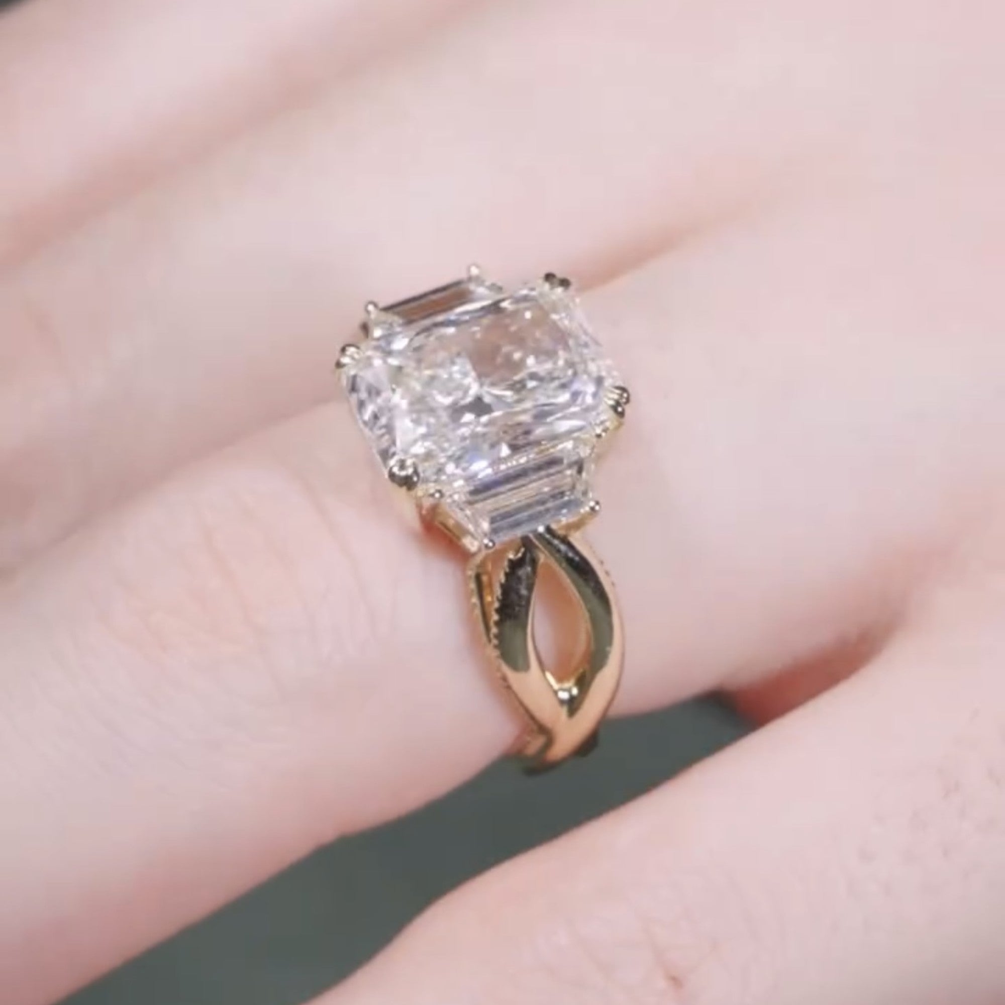 Radiant Lab Grown Engagement Ring Three Stone Gold Wedding Ring