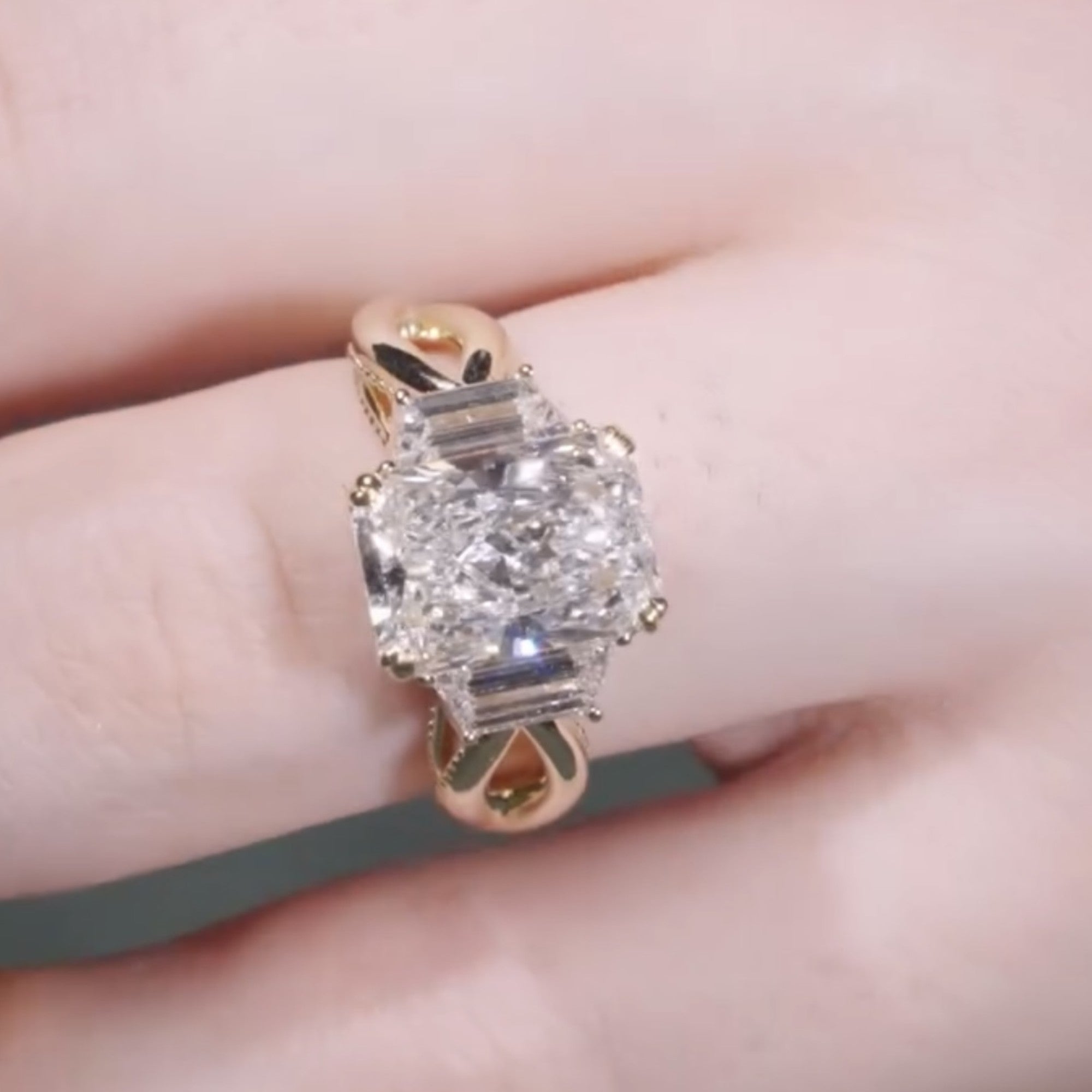 Radiant Lab Grown Engagement Ring Three Stone Gold Wedding Ring