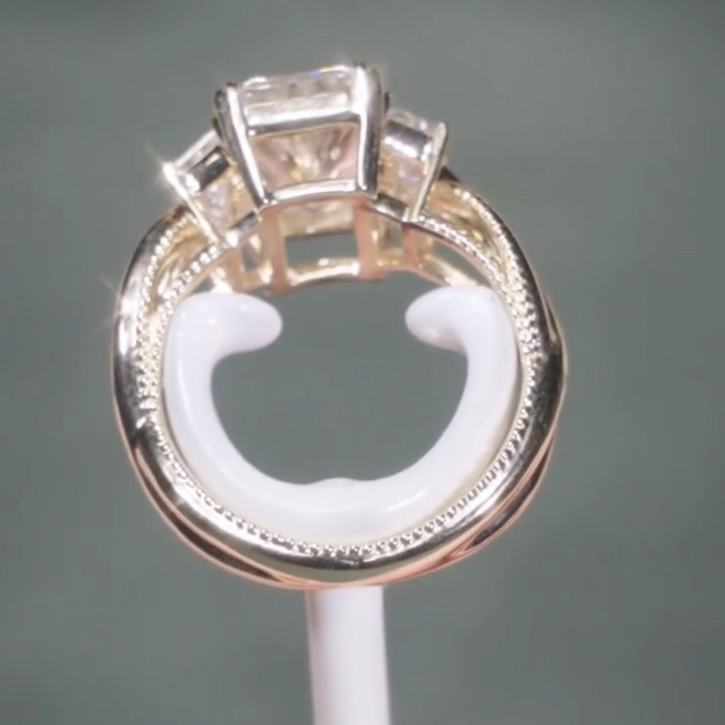 Radiant Lab Grown Engagement Ring Three Stone Gold Wedding Ring