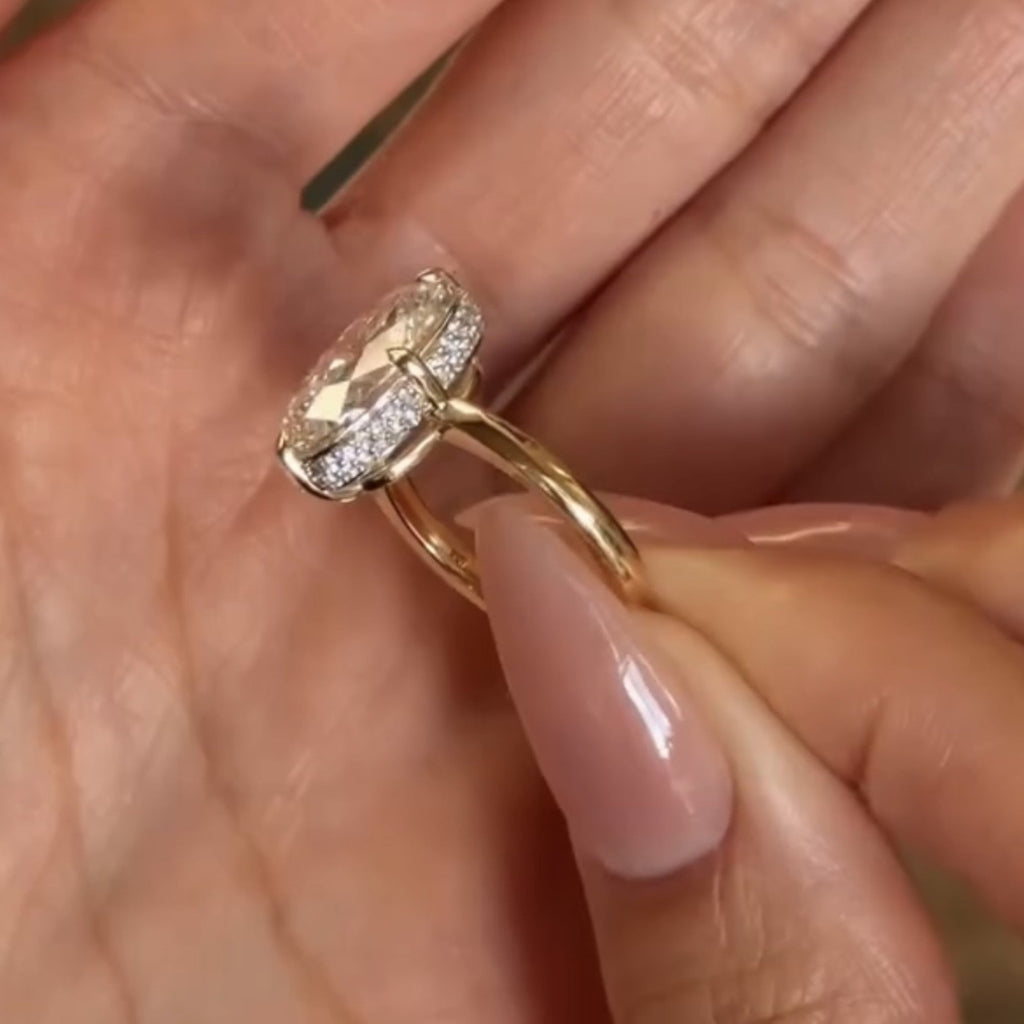 Oval Cut Lab Grown Engagement Ring Hidden Halo Gold Solitaire Ring