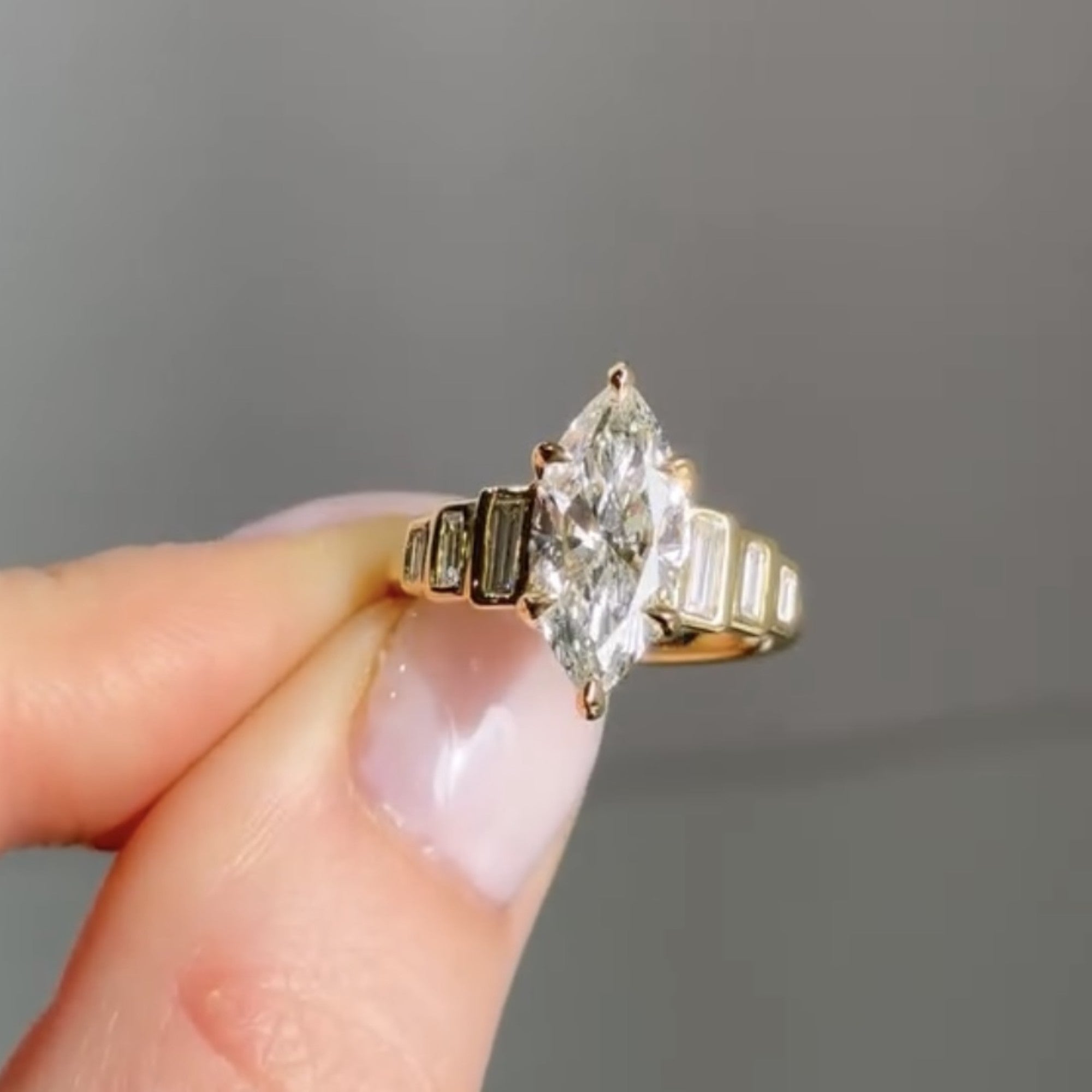 Marquise Lab Grown Engagement Ring Bezel Set Baguette Gold Wedding Ring