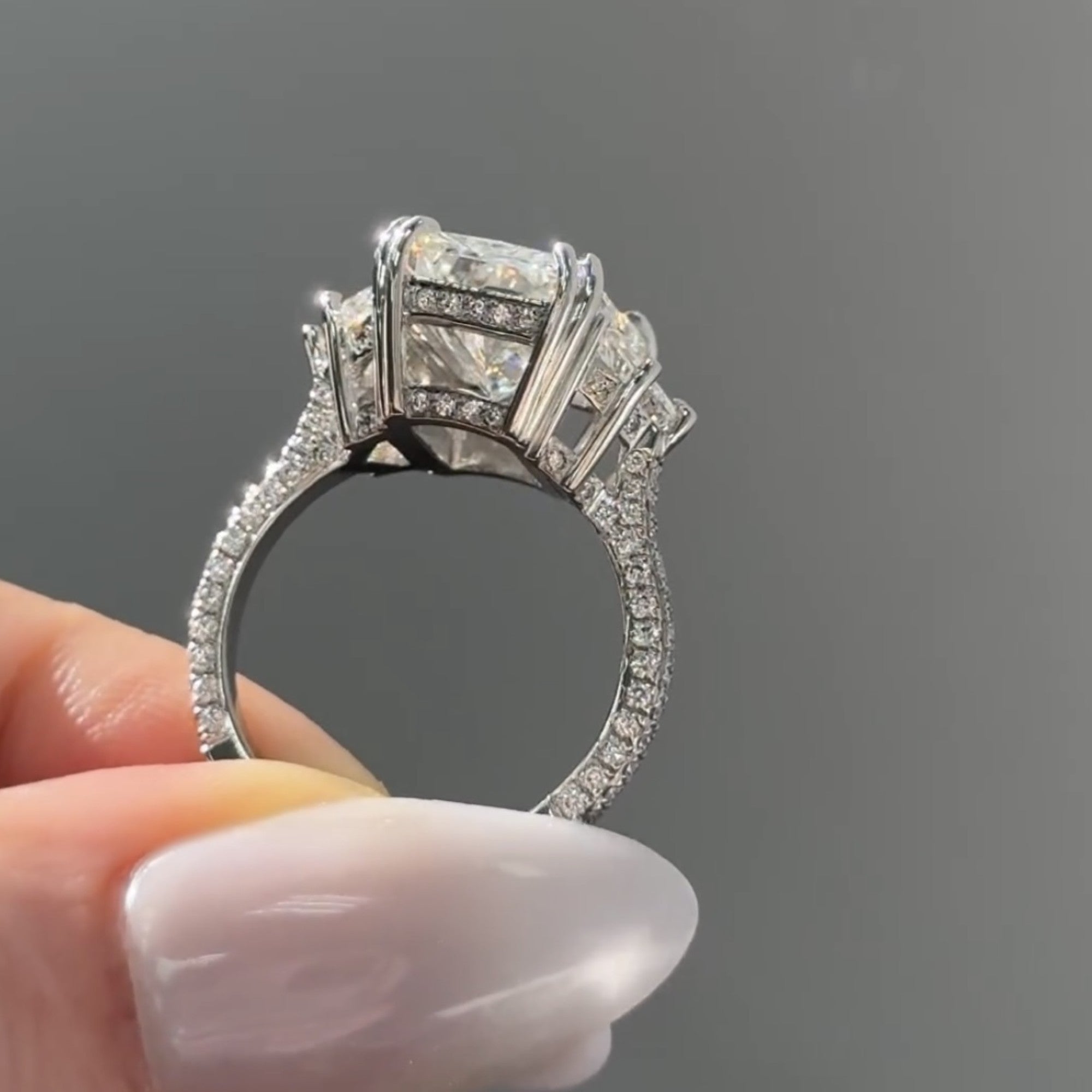 Radiant Three Stone Lab Grown Engagement Ring Past Preset Future Wedding Ring