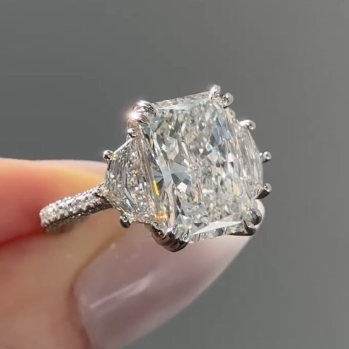 Radiant Three Stone Moissanite Engagement Ring Past Preset Future Wedding Ring