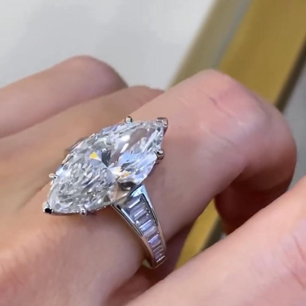 Marquise Lab Grown Engagement Ring Cannel Set Baguette Wedding Ring