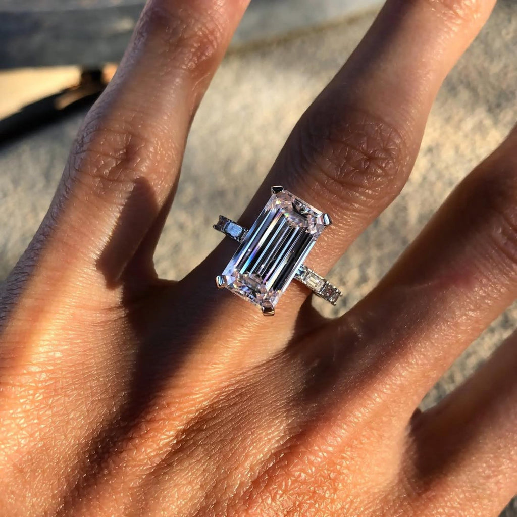 Elongated Emerald Cut Moissanite Engagement Ring Solid Gold Solitaire Ring Wedding Ring Anniversary Ring Elongated Diamond Ring