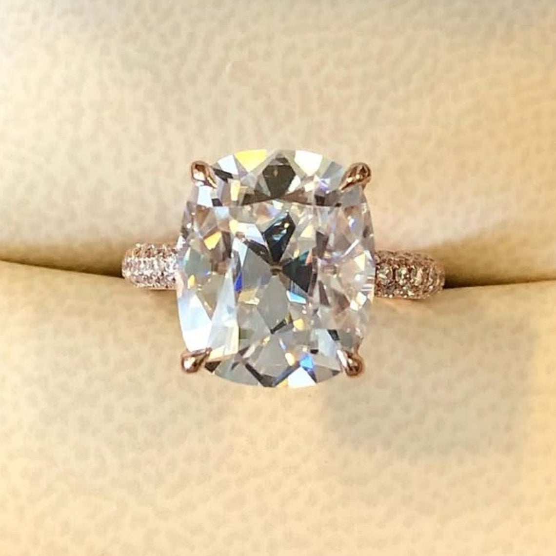 Old Mine Elongated Cushion Cut Lab Grown Diamond Engagement Ring with Pavé Band in Rose Gold