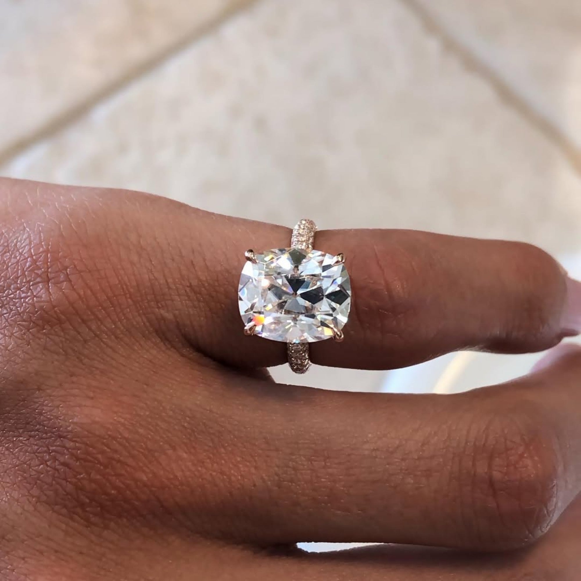 Old Mine Elongated Cushion Cut Lab Grown Diamond Engagement Ring with Pavé Band in Rose Gold