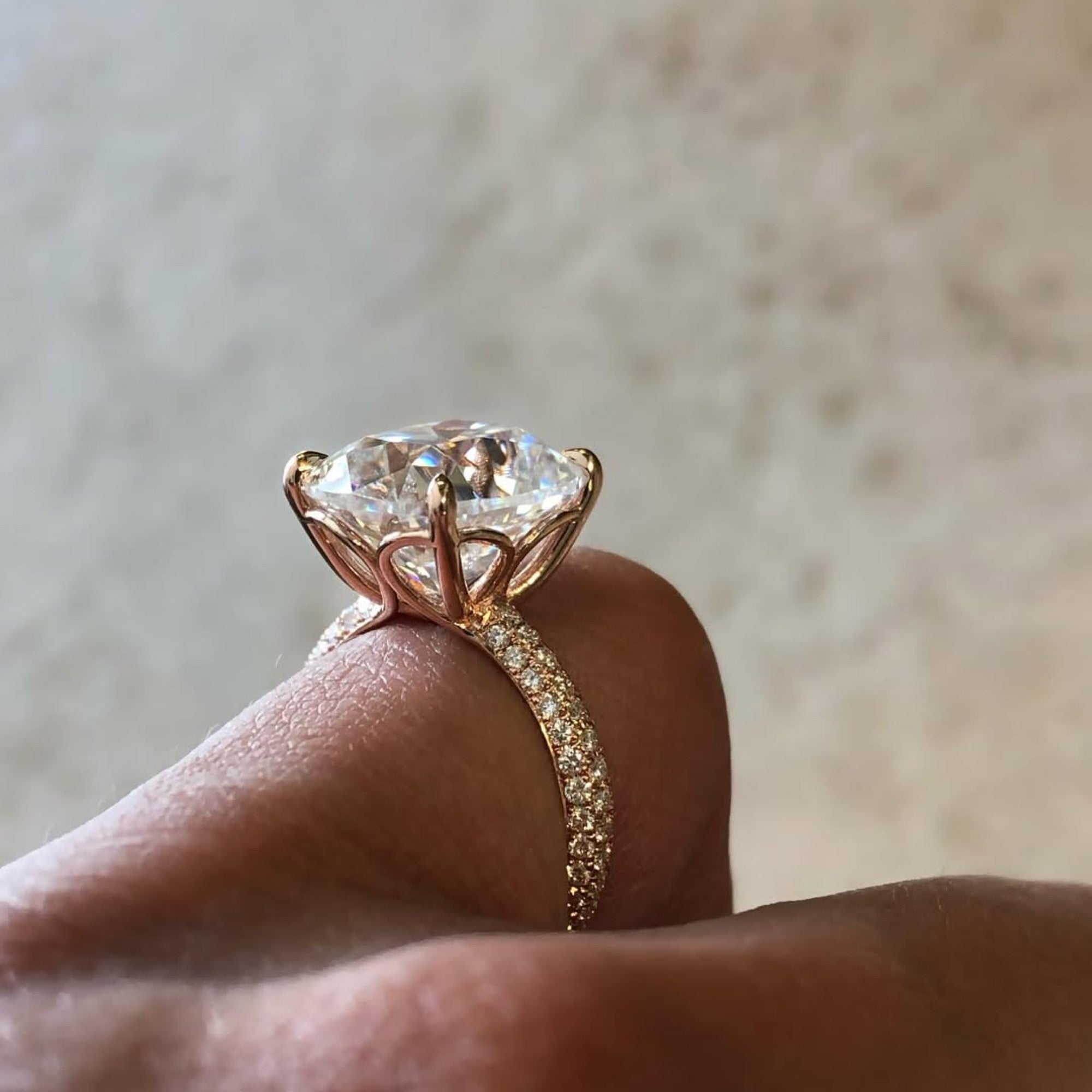 Old Mine Elongated Cushion Cut Moissanite Diamond Engagement Ring with Pavé Band in Rose Gold