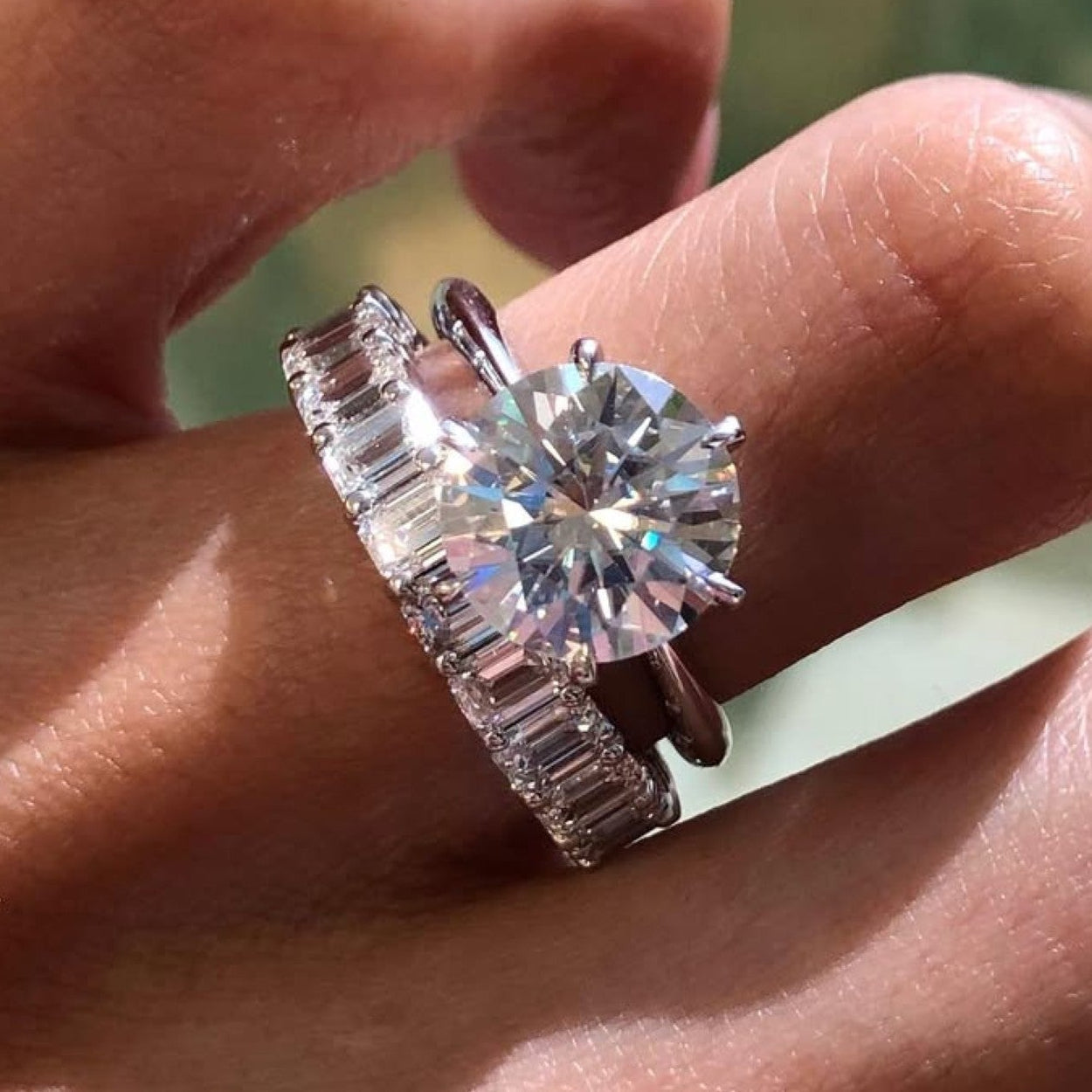 Round Moissanite Engagement Ring Set Solitaire Ring With Matching Band Bridal Set  White Gold Wedding Ring Set Anniversary Ring Set