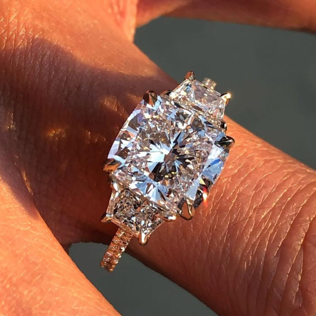 Cushion Three Stone Cut Moissanite Engagement Ring Hidden Halo Solid Gold Wedding Ring Past Present Future Ring Anniversary Ring