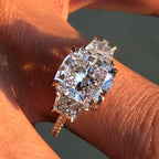 Cushion Three Stone Cut Moissanite Engagement Ring Hidden Halo Solid Gold Wedding Ring Past Present Future Ring Anniversary Ring