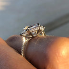 Cushion Three Stone Cut Moissanite Engagement Ring Hidden Halo Solid Gold Wedding Ring Past Present Future Ring Anniversary Ring