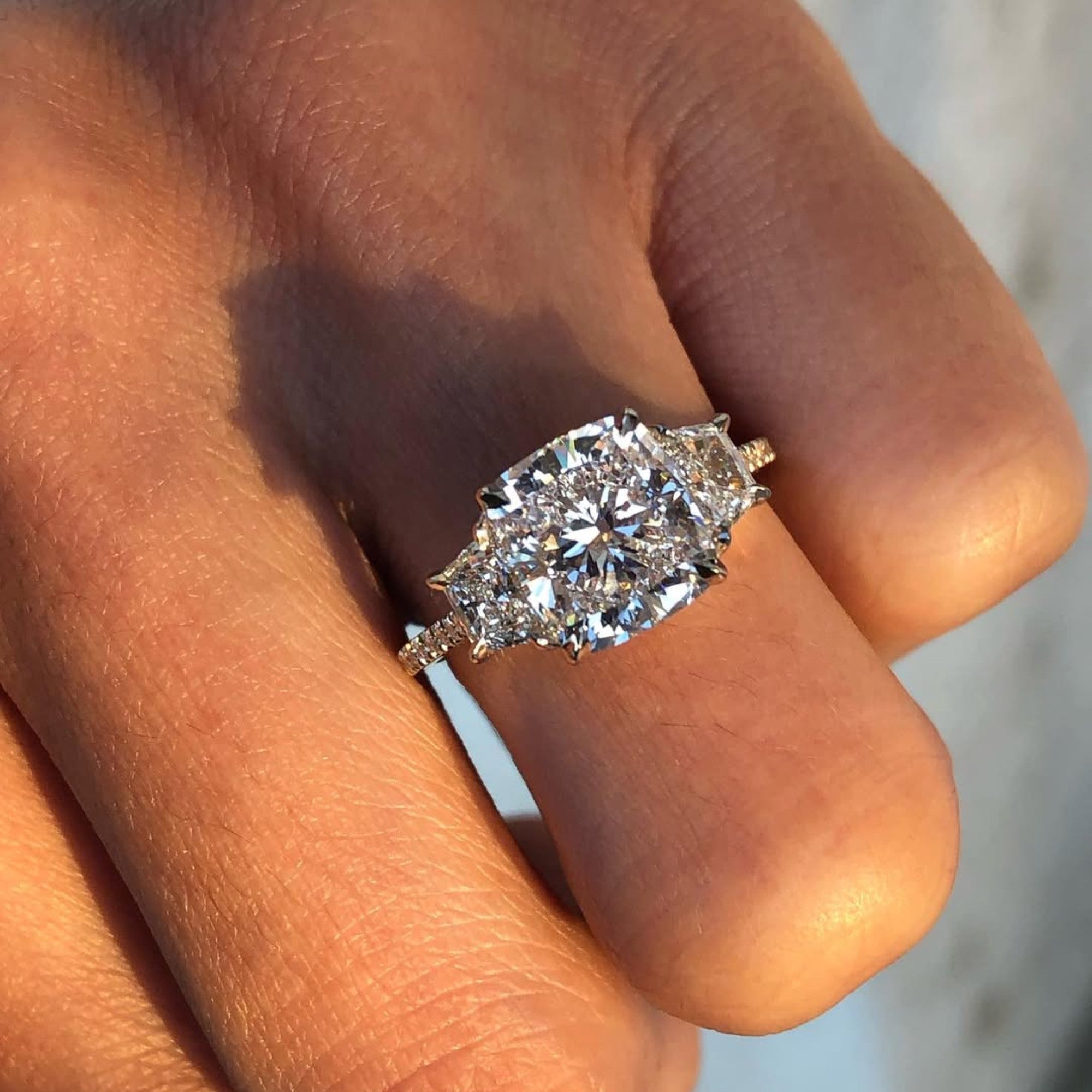 Cushion Three Stone Cut Moissanite Engagement Ring Hidden Halo Solid Gold Wedding Ring Past Present Future Ring Anniversary Ring