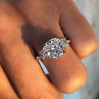 Cushion Three Stone Cut Lab Grown Engagement Ring Hidden Halo Solid Gold Wedding Ring Past Present Future Ring Anniversary Ring