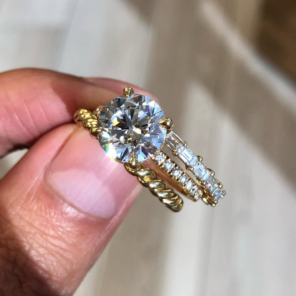 Round Cut Lab Grown Engagement Ring Set Solitaire Ring With Two Matching Band Set  Bridal Set Wedding Ring Set Anniversary Set