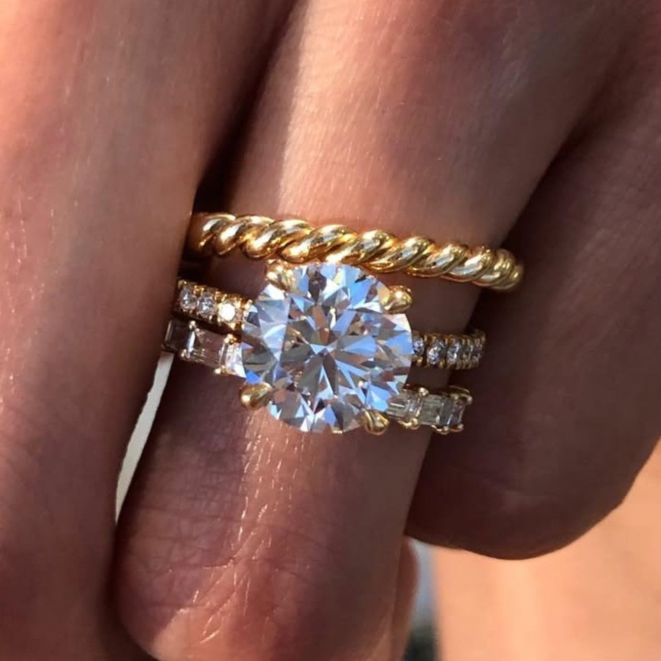 Round Cut Lab Grown Engagement Ring Set Solitaire Ring With Two Matching Band Set  Bridal Set Wedding Ring Set Anniversary Set