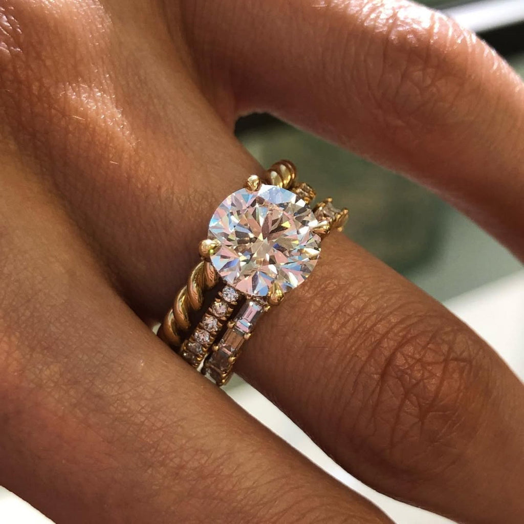 Round Cut Lab Grown Engagement Ring Set Solitaire Ring With Two Matching Band Set  Bridal Set Wedding Ring Set Anniversary Set