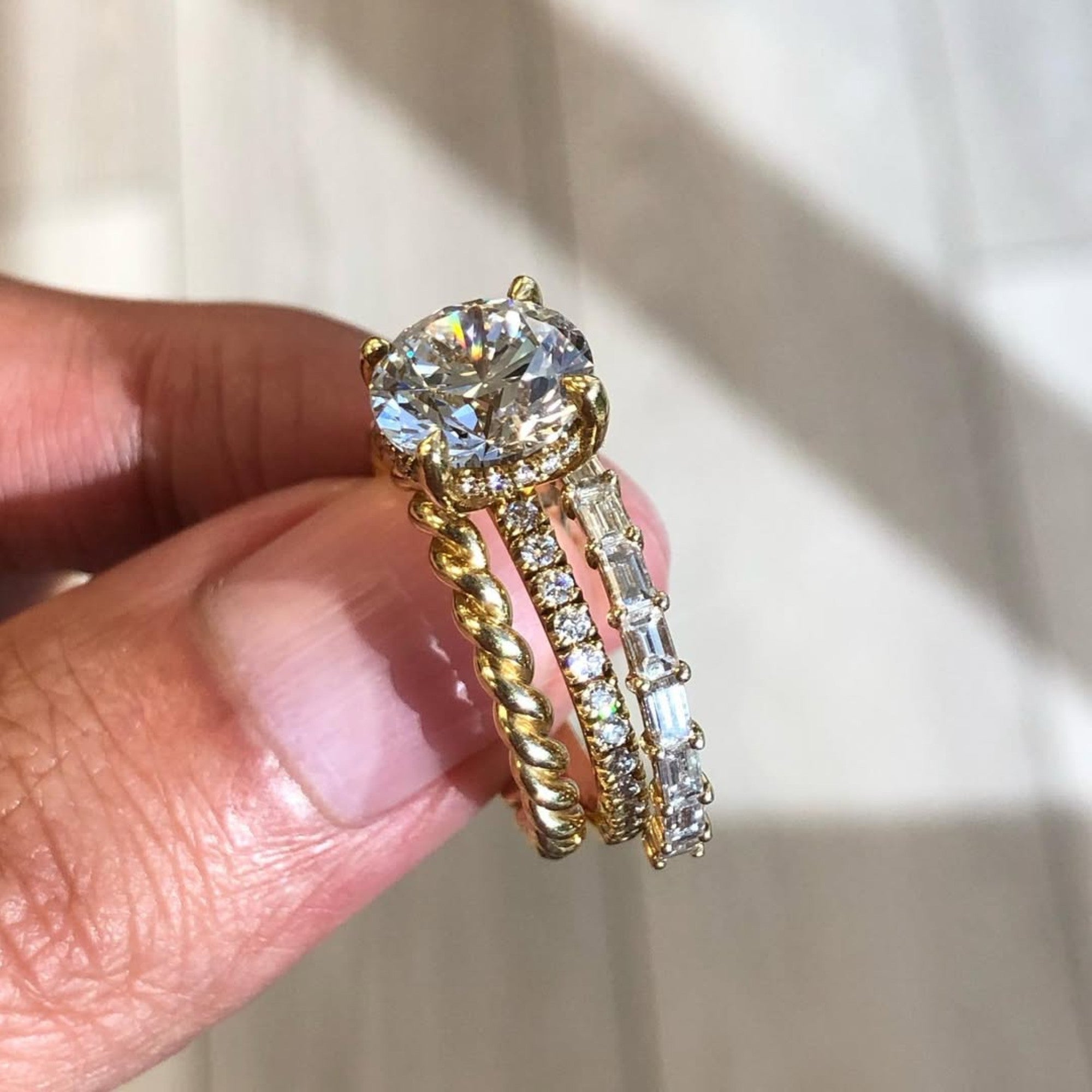 Round Cut Lab Grown Engagement Ring Set Solitaire Ring With Two Matching Band Set  Bridal Set Wedding Ring Set Anniversary Set