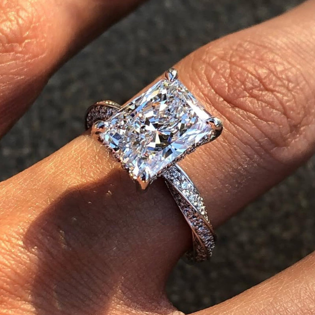 Radiant Cut Moissanite Engagement Ring Twisted Band Hidden Halo Ring White Gold Wedding Ring Bridal Ring Anniversary Ring For Women