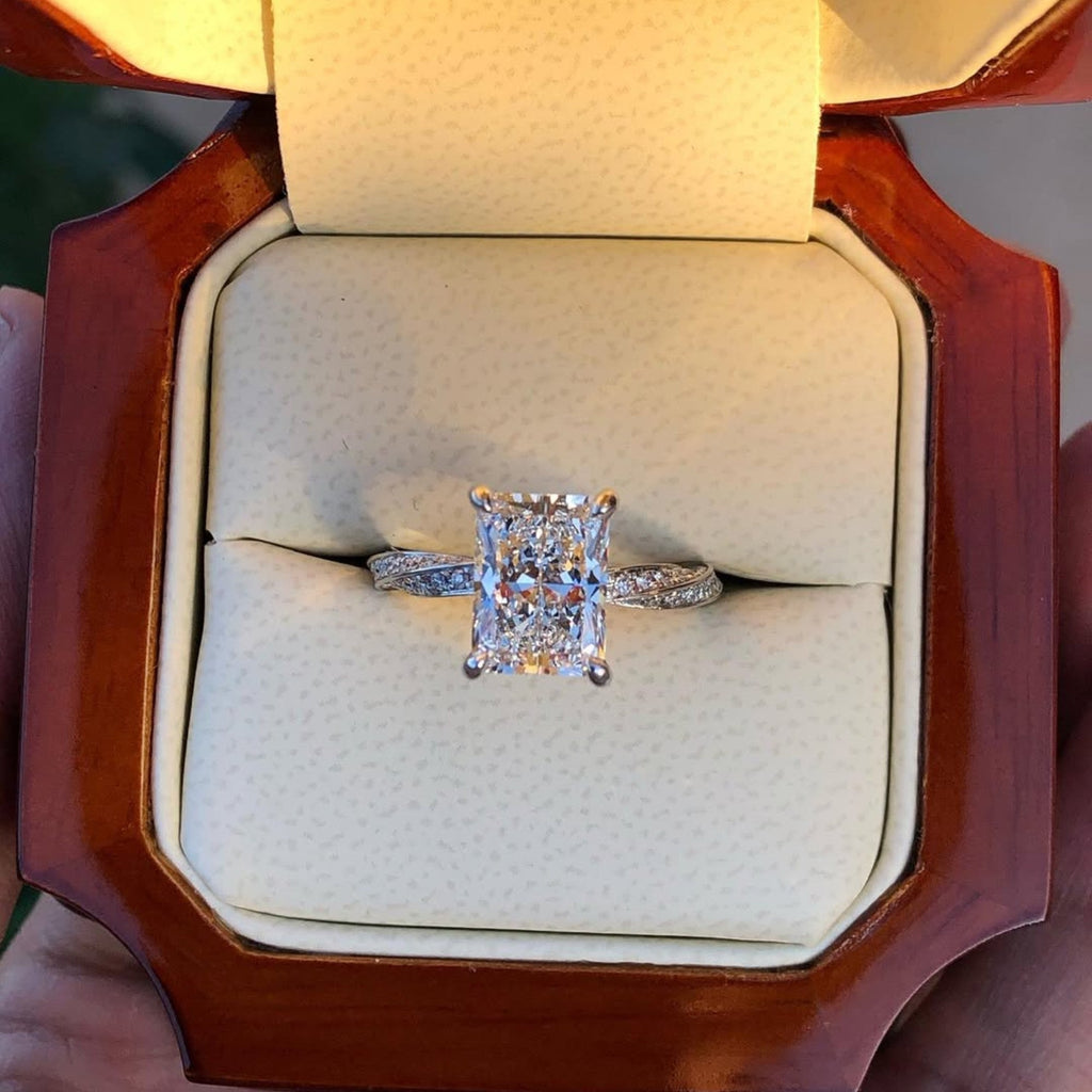 Radiant Cut Moissanite Engagement Ring Twisted Band Hidden Halo Ring White Gold Wedding Ring Bridal Ring Anniversary Ring For Women