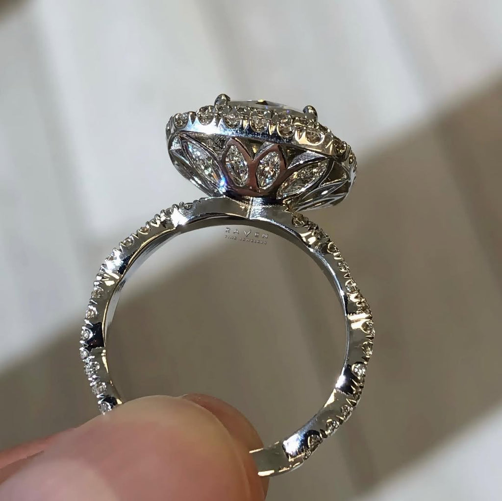 Round Cut Moissanite Ring Round Double Halo Engagement Ring Tulip Set Twisted Band Ring White Gold Wedding Ring  Anniversary Ring