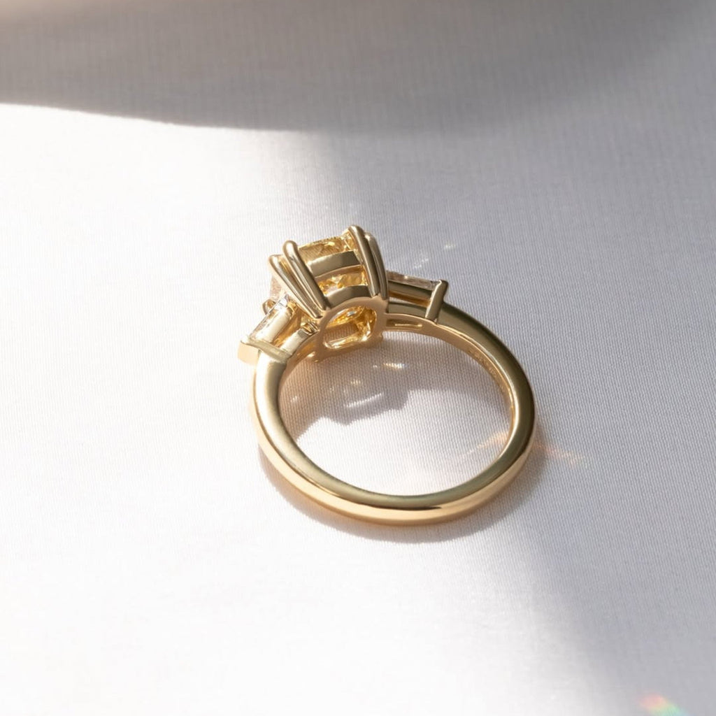 Canary Yellow Cushion Cut Lab Grown Ring Cushion Three Stone Engagement Ring Double Claw Prong Gold Wedding Ring Anniversary Ring