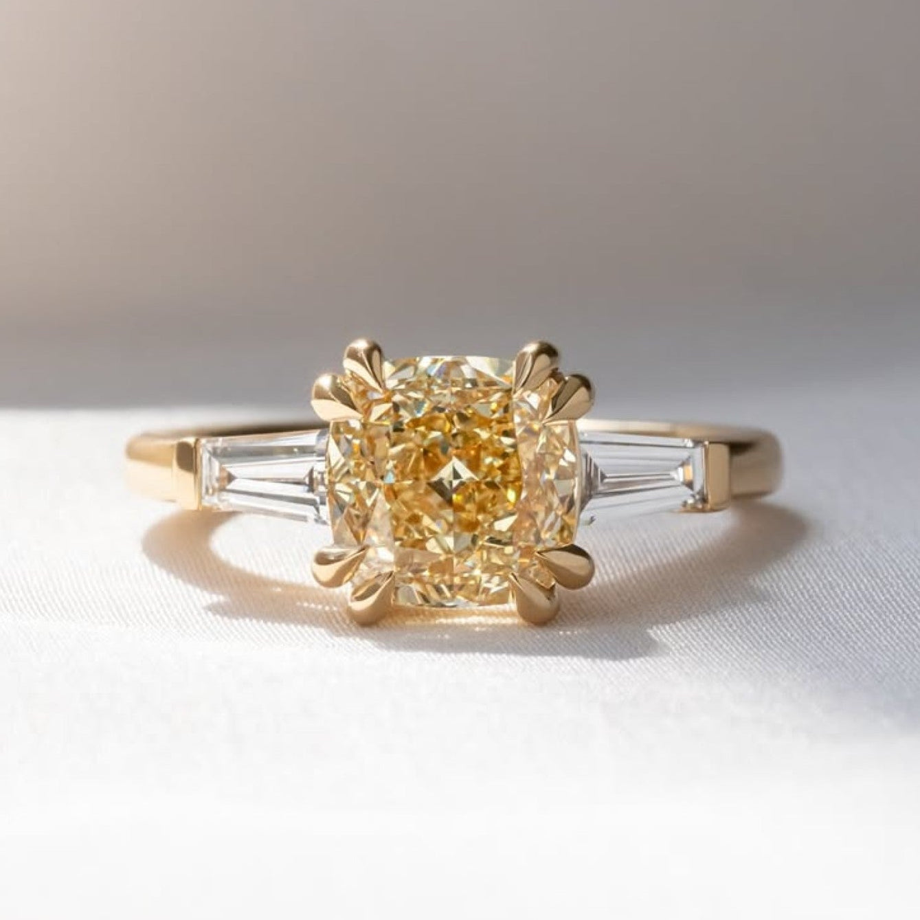 Canary Yellow Cushion Cut Lab Grown Ring Cushion Three Stone Engagement Ring Double Claw Prong Gold Wedding Ring Anniversary Ring