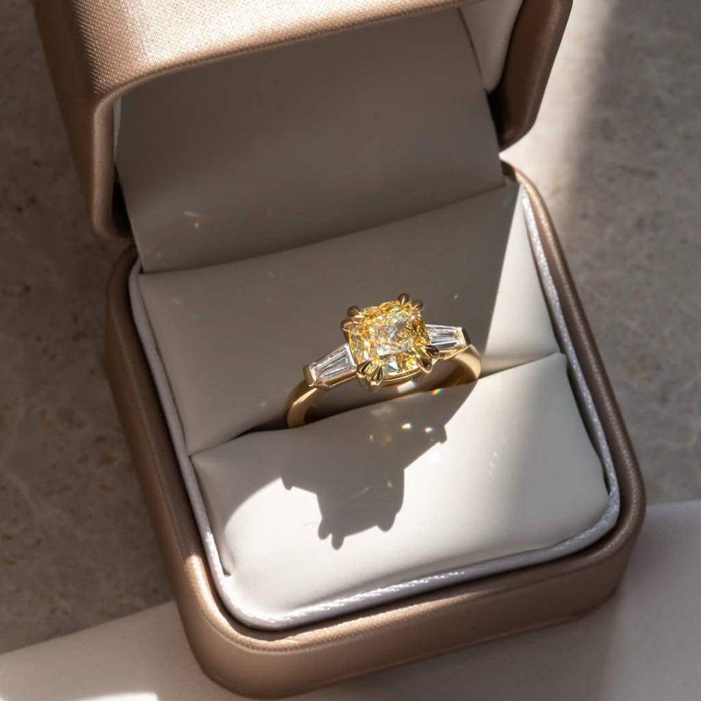 Canary Yellow Cushion Cut Lab Grown Ring Cushion Three Stone Engagement Ring Double Claw Prong Gold Wedding Ring Anniversary Ring