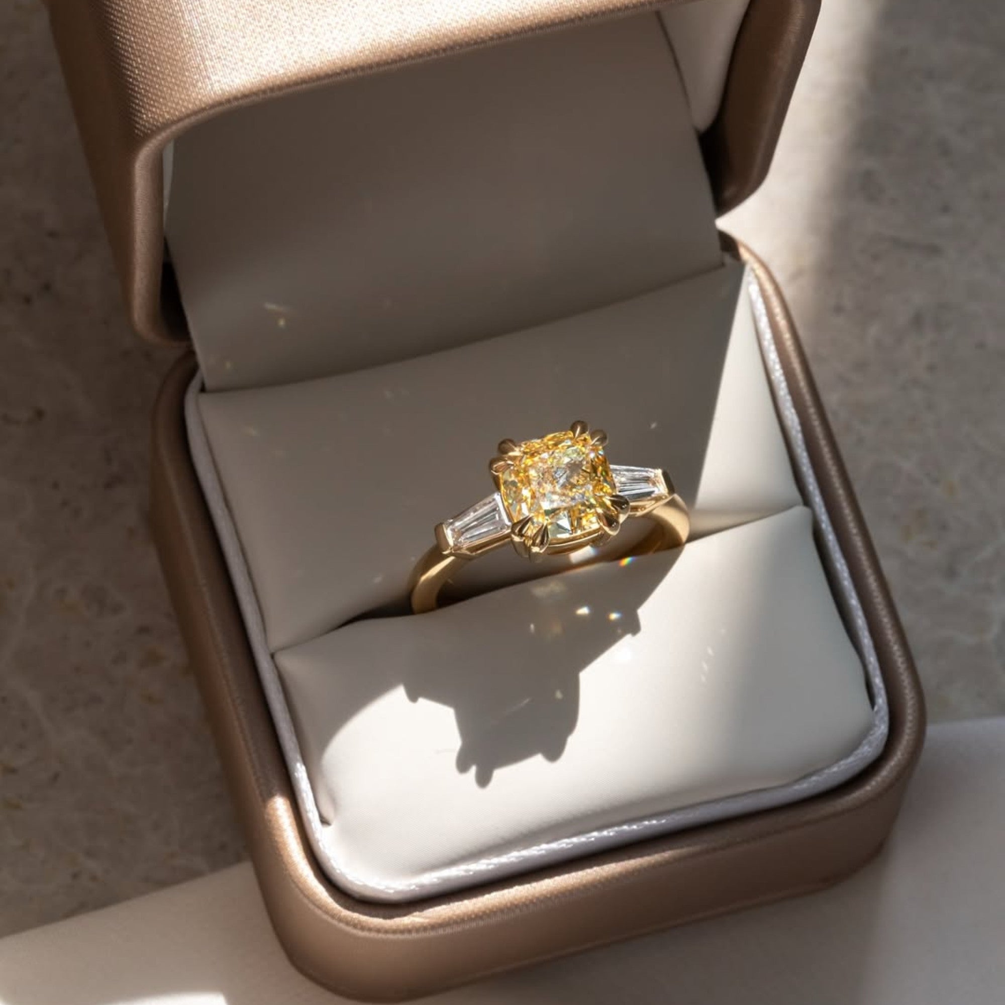 Canary Yellow Cushion Cut Lab Grown Ring Cushion Three Stone Engagement Ring Double Claw Prong Gold Wedding Ring Anniversary Ring