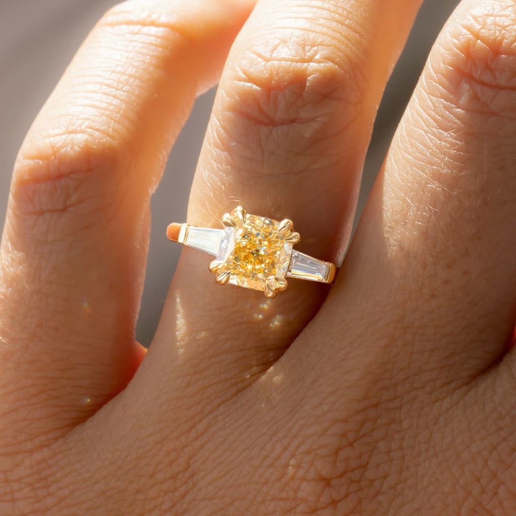 Canary Yellow Cushion Cut Moissanite Ring Cushion Three Stone Engagement Ring Double Claw Prong Gold Wedding Ring Anniversary Ring
