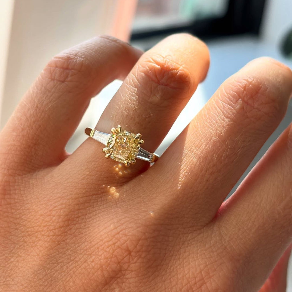 Canary Yellow Cushion Cut Lab Grown Ring Cushion Three Stone Engagement Ring Double Claw Prong Gold Wedding Ring Anniversary Ring