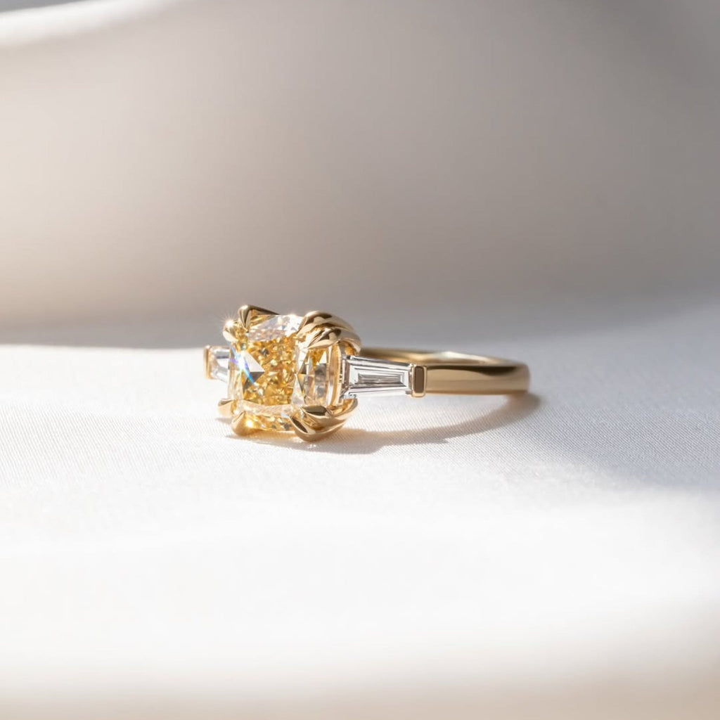 Canary Yellow Cushion Cut Lab Grown Ring Cushion Three Stone Engagement Ring Double Claw Prong Gold Wedding Ring Anniversary Ring