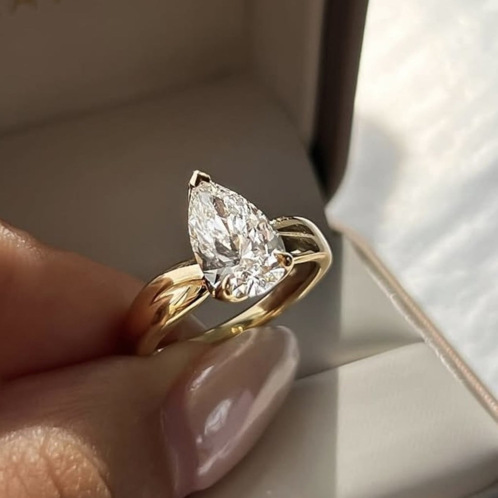 Pear Lab Grown Engagement Ring Tulip Set Solid Gold Wedding Ring Teardrop Anniversary Ring For Women Promise Ring Gift For Her