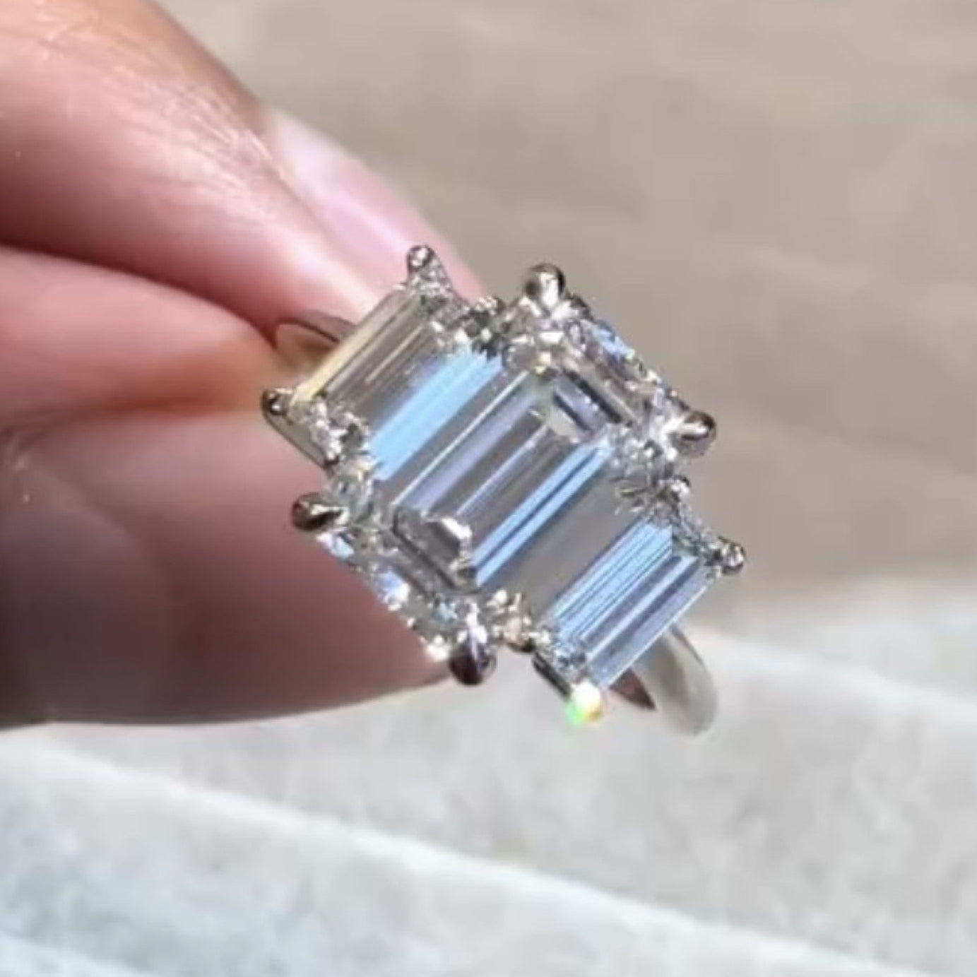 Emerald Cut Three Stone Moissanite Engagement Ring Trio Diamond Ring Gold Wedding Ring Past Present Future Ring Anniversary Ring