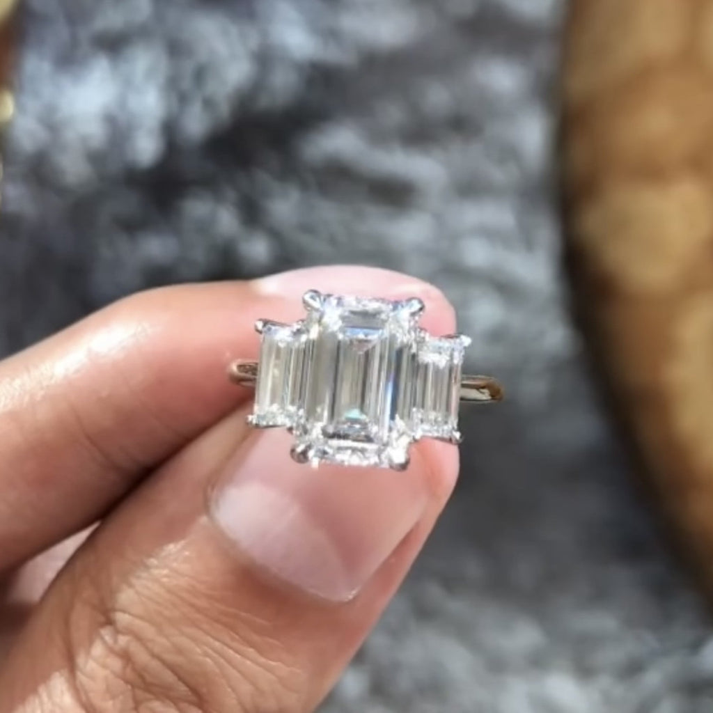 Emerald Cut Three Stone Moissanite Engagement Ring Trio Diamond Ring Gold Wedding Ring Past Present Future Ring Anniversary Ring