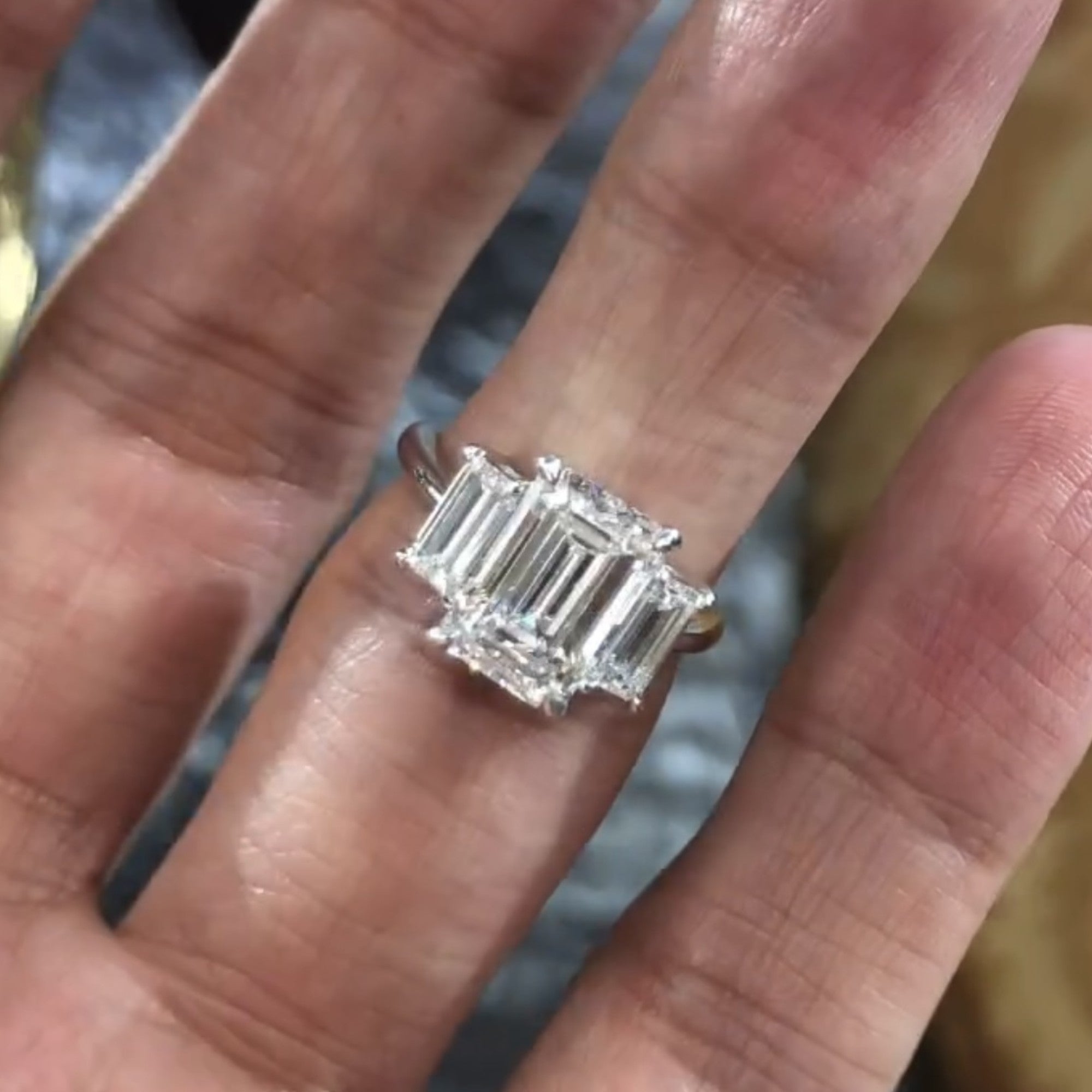 Emerald Cut Three Stone Moissanite Engagement Ring Trio Diamond Ring Gold Wedding Ring Past Present Future Ring Anniversary Ring