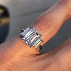 Emerald Cut Three Stone Moissanite Engagement Ring Trio Diamond Ring Gold Wedding Ring Past Present Future Ring Anniversary Ring