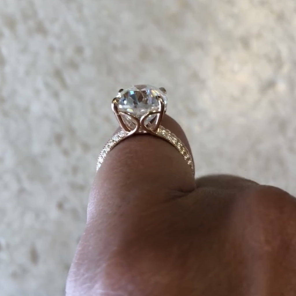 Old Mine Elongated Cushion Cut Lab Grown Diamond Engagement Ring with Pavé Band in Rose Gold
