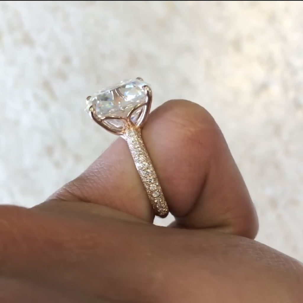 Old Mine Elongated Cushion Cut Lab Grown Diamond Engagement Ring with Pavé Band in Rose Gold