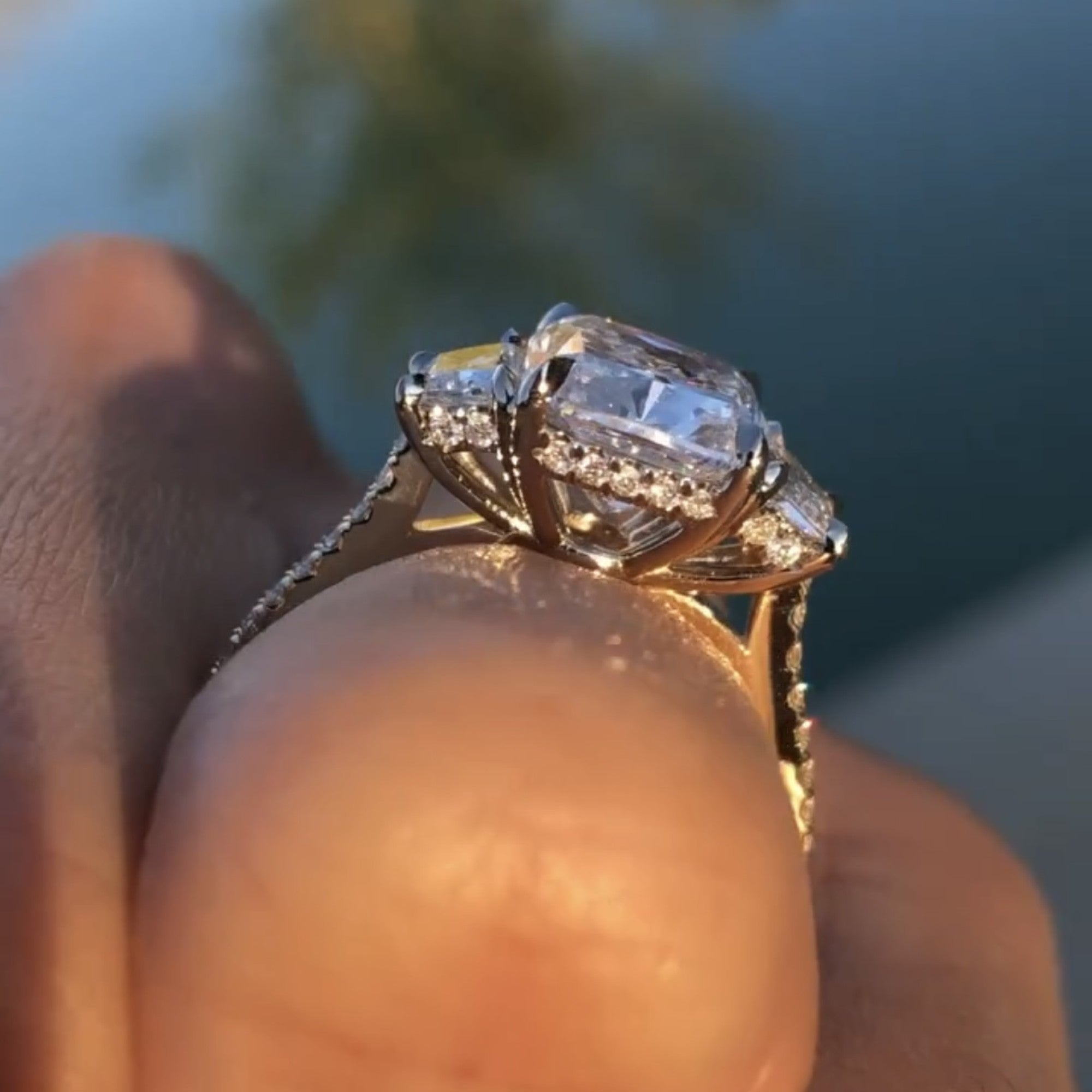 Cushion Three Stone Cut Lab Grown Engagement Ring Hidden Halo Solid Gold Wedding Ring Past Present Future Ring Anniversary Ring