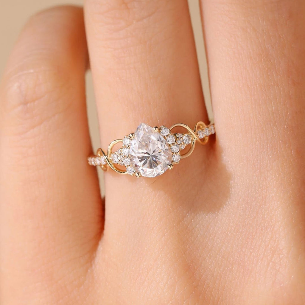 Art Deco Pear Lab Grown Engagement Ring  Gold Vintage Cluster Ring Wedding Ring For Women Nature Inspired Anniversary Ring