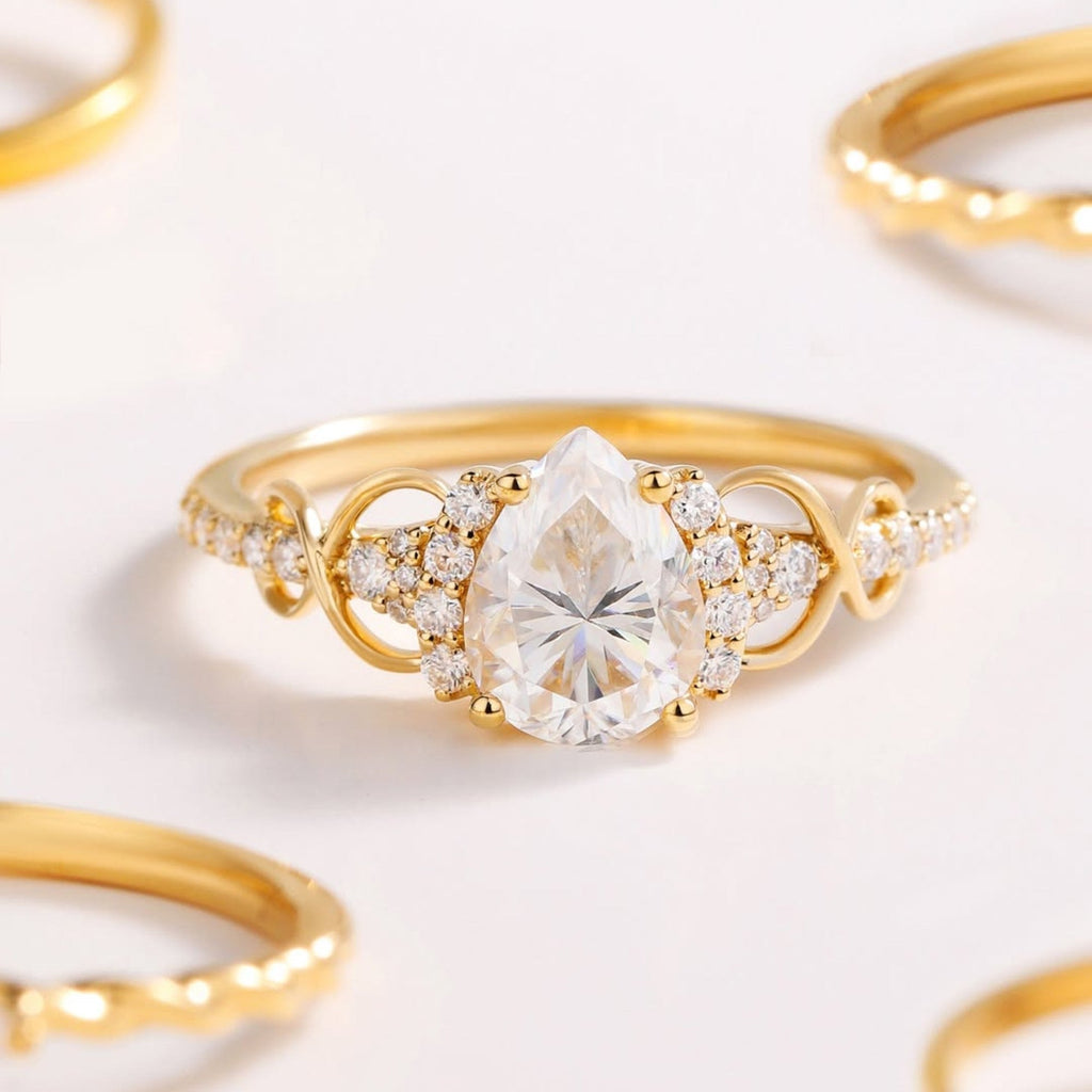 Art Deco Pear Lab Grown Engagement Ring  Gold Vintage Cluster Ring Wedding Ring For Women Nature Inspired Anniversary Ring