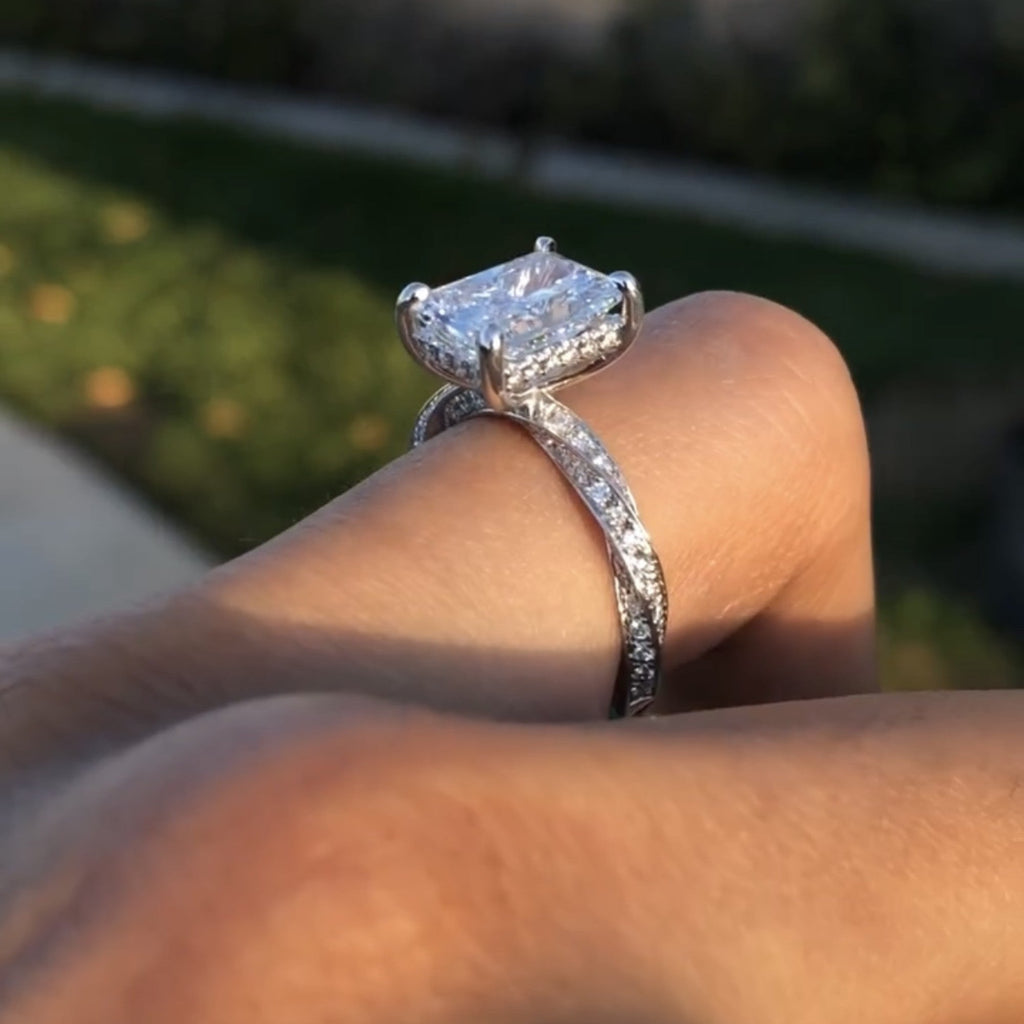 Radiant Cut Lab Grown Engagement Ring Twisted Band Hidden Halo Ring White Gold Wedding Ring Bridal Ring Anniversary Ring For Women