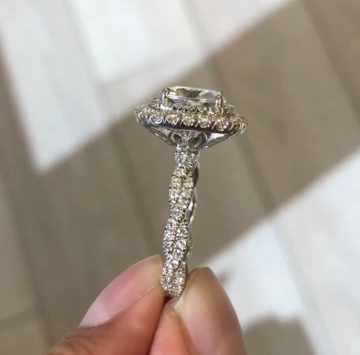 Round Cut Lab Grown Ring Round Double Halo Engagement Ring Tulip Set Twisted Band Ring White Gold Wedding Ring  Anniversary Ring